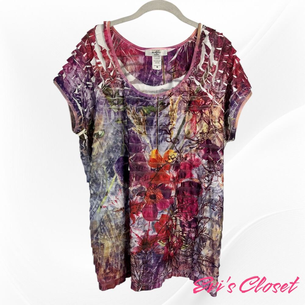 Moa Moa Women's Vintage 1990's Eyelash Scoop Neck Purple Pink Floral Top Sz 2X